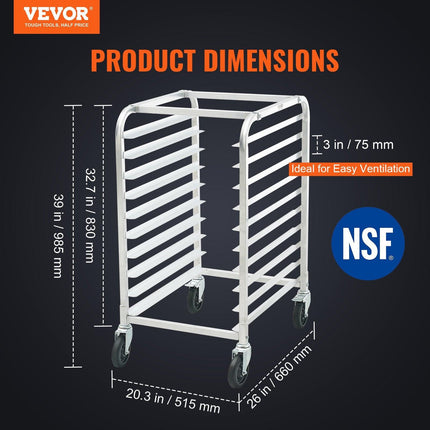 Bun Pan Rack, 10-Tier Commercial Bakery Racks with Brake Wheels, Aluminum Racking Trolley Storage for Half & Full Sheet, Speed Rack For Kitchen Home, Bread Baking Equipment, 660x515x985 mm.
