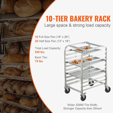 Bun Pan Rack, 10-Tier Commercial Bakery Racks with Brake Wheels, Aluminum Racking Trolley Storage for Half & Full Sheet, Speed Rack For Kitchen Home, Bread Baking Equipment, 660x515x985 mm.