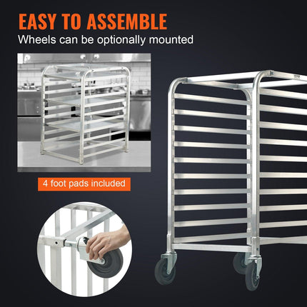 Bun Pan Rack, 10-Tier Commercial Bakery Racks with Brake Wheels, Aluminum Racking Trolley Storage for Half & Full Sheet, Speed Rack For Kitchen Home, Bread Baking Equipment, 660x515x985 mm.