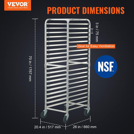 Bun Pan Rack, 20-Tier Commercial Bakery Racks with Brake Wheels, Aluminum Racking Trolley Storage for Half & Full Sheet, Speed Rack For Kitchen Home, Bread Baking Equipment, 660x517x1767 mm.
