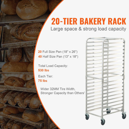 Bun Pan Rack, 20-Tier Commercial Bakery Racks with Brake Wheels, Aluminum Racking Trolley Storage for Half & Full Sheet, Speed Rack For Kitchen Home, Bread Baking Equipment, 660x517x1767 mm.