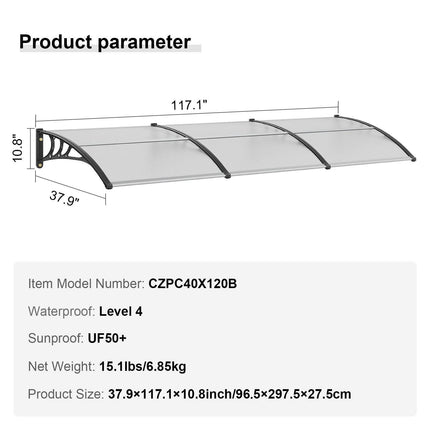 Window Door Awning Canopy, 965 x 2975mm Door Canopy Exterior, UF50+ PC Sunshade Sheet Awnings, Outdoor Patio Awning Sun Shade, Transparent, Waterproof, for Sun Shutter, UV, Rain, Snow Protection.