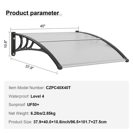 Window Door Awning Canopy 40" x 40", UPF 50+ Polycarbonate Entry Door Outdoor Window Awning Exterior, Front Door Overhang Awning for Sun Shutter, UV, Rain, Snow Protection, Hollow Sheet.