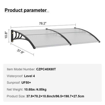 Window Door Awning Canopy 965 x 1987 mm, UPF 50+ Polycarbonate Entry Door Outdoor Window Awning Exterior, Front Door Overhang Awning for Sun Shutter, UV, Rain, Snow Protection, Hollow Sheet.