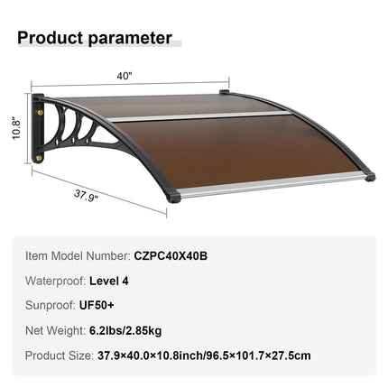 Window Door Awning Canopy 40" x 40", UPF 50+ Polycarbonate Entry Door Outdoor Window Awning Exterior, Front Door Overhang Awning for Sun Shutter, UV, Rain, Snow Protection, Hollow Sheet.