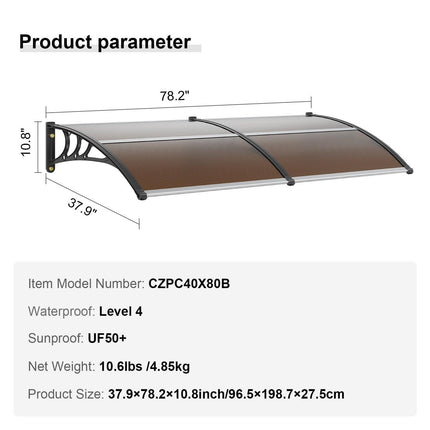 Window Door Awning Canopy 965 x 1987 mm, UPF 50+ Polycarbonate Entry Door Outdoor Window Awning Exterior, Front Door Overhang Awning for Sun Shutter, UV, Rain, Snow Protection, Hollow Sheet.