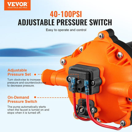 Water Diaphragm Pump, 20.8 LPM Flow, 4.8 bar Rated Pressure (2.8-6.9 bar Adjustable), 12.7 mm MNPT Self Priming Sprayer Pump with Pressure Switch for RV Camper Marine Boat Lawn, FCC Certified.