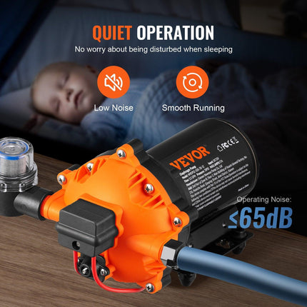 Water Diaphragm Pump, 20.8 LPM Flow, 4.8 bar Rated Pressure (2.8-6.9 bar Adjustable), 12.7 mm MNPT Self Priming Sprayer Pump with Pressure Switch for RV Camper Marine Boat Lawn, FCC Certified.