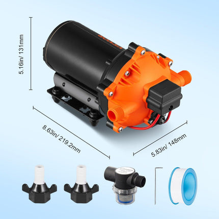 Water Diaphragm Pump, 20.8 LPM Flow, 4.8 bar Rated Pressure (2.8-6.9 bar Adjustable), 12.7 mm MNPT Self Priming Sprayer Pump with Pressure Switch for RV Camper Marine Boat Lawn, FCC Certified.
