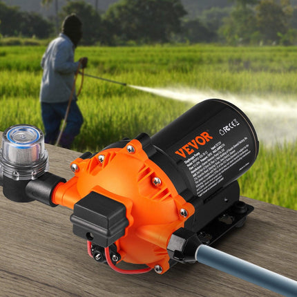 Water Diaphragm Pump, 20.8 LPM Flow, 4.8 bar Rated Pressure (2.8-6.9 bar Adjustable), 12.7 mm MNPT Self Priming Sprayer Pump with Pressure Switch for RV Camper Marine Boat Lawn, FCC Certified.