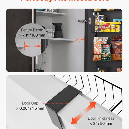 Over the Door Pantry Organizer, 6-Tier Pantry Organization and Storage, Heavy-Duty Steel Hanging Spice Rack, Adjustable Wall Seasoning Shelves, for Home Kitchen Laundry Room Bathroom, Black.