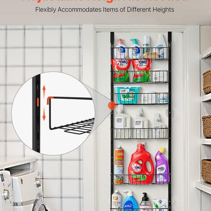 Over the Door Pantry Organizer, 6-Tier Pantry Organization and Storage, Heavy-Duty Steel Hanging Spice Rack, Adjustable Wall Seasoning Shelves, for Home Kitchen Laundry Room Bathroom, Black.