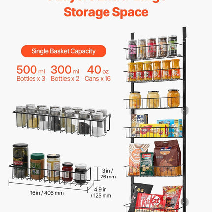 Over the Door Pantry Organizer, 6-Tier Pantry Organization and Storage, Heavy-Duty Steel Hanging Spice Rack, Adjustable Wall Seasoning Shelves, for Home Kitchen Laundry Room Bathroom, Black.