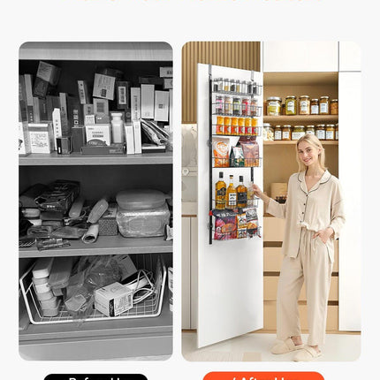 Over the Door Pantry Organizer, 6-Tier Pantry Organization and Storage, Heavy-Duty Steel Hanging Spice Rack, Adjustable Wall Seasoning Shelves, for Home Kitchen Laundry Room Bathroom, Black.