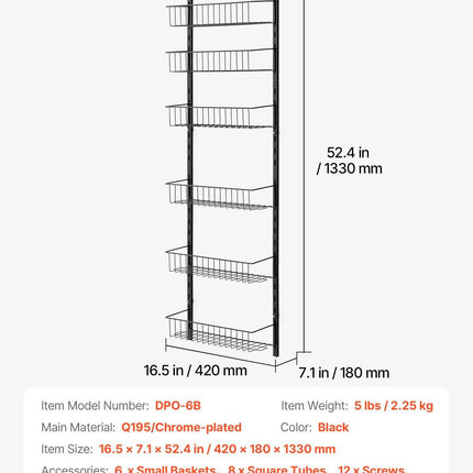 Over the Door Pantry Organizer, 6-Tier Pantry Organization and Storage, Heavy-Duty Steel Hanging Spice Rack, Adjustable Wall Seasoning Shelves, for Home Kitchen Laundry Room Bathroom, Black.