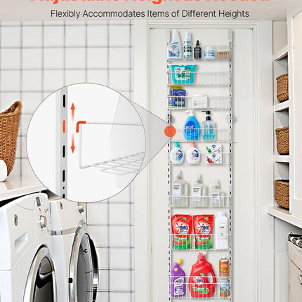 Over the Door Pantry Organizer, 9-Tier Pantry Organization and Storage, Heavy-Duty Steel Hanging Spice Rack, Adjustable Wall Seasoning Shelves, for Home Kitchen Laundry Room Bathroom, White.