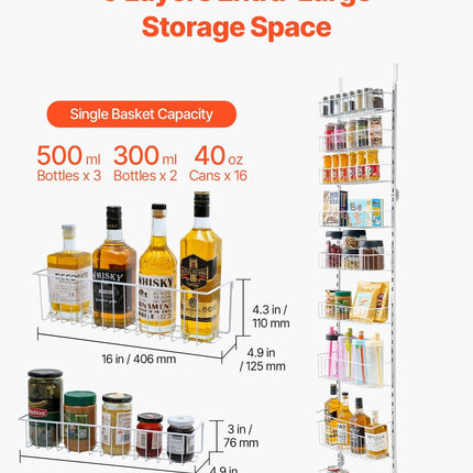 Over the Door Pantry Organizer, 9-Tier Pantry Organization and Storage, Heavy-Duty Steel Hanging Spice Rack, Adjustable Wall Seasoning Shelves, for Home Kitchen Laundry Room Bathroom, White.