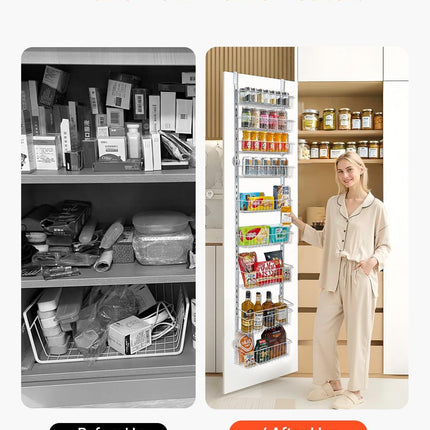 Over the Door Pantry Organizer, 9-Tier Pantry Organization and Storage, Heavy-Duty Steel Hanging Spice Rack, Adjustable Wall Seasoning Shelves, for Home Kitchen Laundry Room Bathroom, White.
