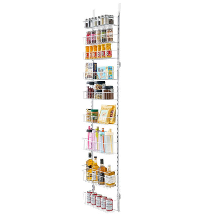 Over the Door Pantry Organizer, 9-Tier Pantry Organization and Storage, Heavy-Duty Steel Hanging Spice Rack, Adjustable Wall Seasoning Shelves, for Home Kitchen Laundry Room Bathroom, White.