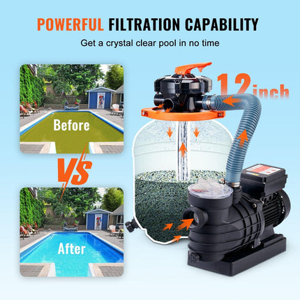 Sand Filter Above Ground with 285W Pool Pump 10,000 L/H Flow 6-Way Valve.