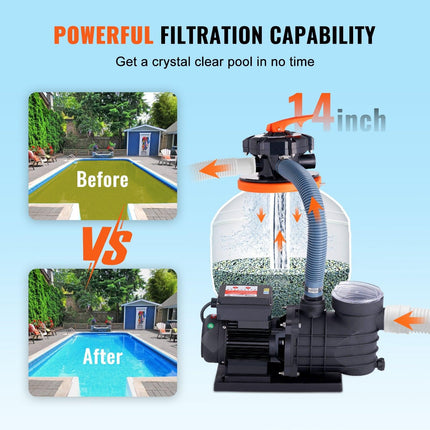 Sand Filter Above Ground with 450W Pool Pump 13,000 L/H Flow 6-Way Valve.