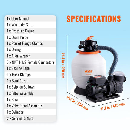 Sand Filter Above Ground with 450W Pool Pump 13,000 L/H Flow 6-Way Valve.