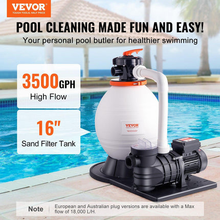 Sand Filter Above Ground with 850W Pool Pump 18,000 L/H Flow 6-Way Valve.