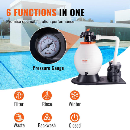 Sand Filter Above Ground with 850W Pool Pump 18,000 L/H Flow 6-Way Valve.