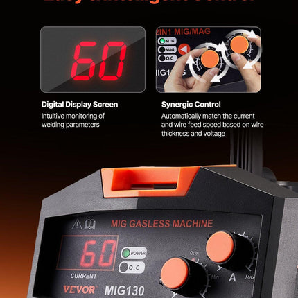 MIG Welder 130Amp Gasless Flux Core Mig Welding Machine with IGBT Inverter.