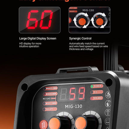 MIG Welder, 130Amp Synergic Mig Welding Machine, 3-in-1 Flux Core MIG/Stick/Lift TIG Multi-Process Welder Machine, Portable Mig Welder with IGBT Inverter Technology & Digital Display Screen.