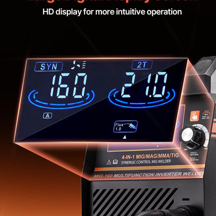 MIG Welder, 160A Synergic Mig Welding Machine, 4-in-1 Gas MIG/Flux Core MIG/Stick/Lift TIG Multi-Process Welder Machine with IGBT Inverter Technology and LCD Screen Display.