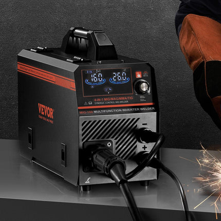 MIG Welder, 160A Synergic Mig Welding Machine, 4-in-1 Gas MIG/Flux Core MIG/Stick/Lift TIG Multi-Process Welder Machine with IGBT Inverter Technology and LCD Screen Display.
