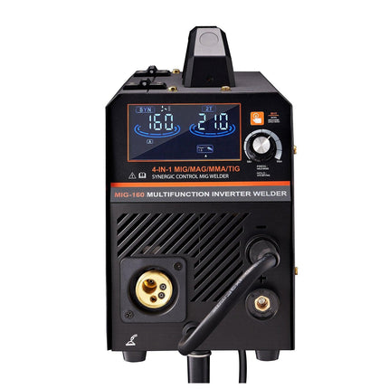 MIG Welder, 160A Synergic Mig Welding Machine, 4-in-1 Gas MIG/Flux Core MIG/Stick/Lift TIG Multi-Process Welder Machine with IGBT Inverter Technology and LCD Screen Display.
