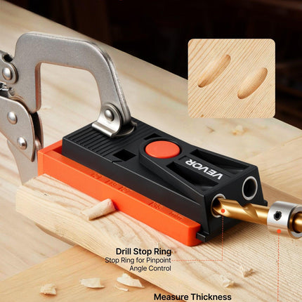 Pocket Hole Jig Kit, 12.7 to 38.1 mm Adjustable, Mini Jig Pocket Hole System with Step Drill, Hex Wrench, Drill Stop Ring, Square Drive Bit, and Screws, Reinforced Nylon Frame, for Woodworking.