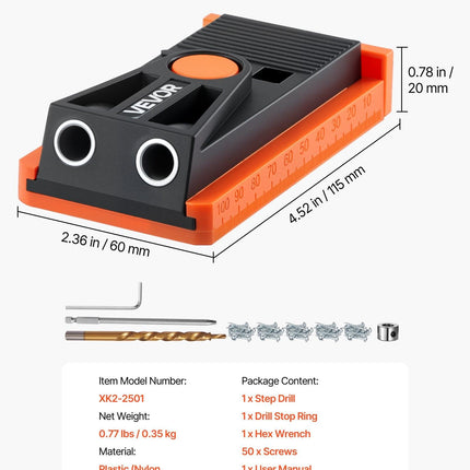 Pocket Hole Jig Kit, 12.7 to 38.1 mm Adjustable, Mini Jig Pocket Hole System with Step Drill, Hex Wrench, Drill Stop Ring, Square Drive Bit, and Screws, Reinforced Nylon Frame, for Woodworking.