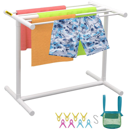 Pool Towel Rack, 5 Bar, White, Freestanding Outdoor PVC T-Shape Poolside Storage Organizer, Include 8 Towel Clips, Mesh Bag, Hook, Also Stores Floats and Paddles, for Beach, Swimming Pool, Home.