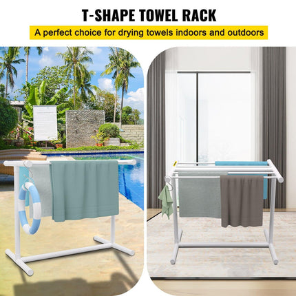 Pool Towel Rack, 5 Bar, White, Freestanding Outdoor PVC T-Shape Poolside Storage Organizer, Include 8 Towel Clips, Mesh Bag, Hook, Also Stores Floats and Paddles, for Beach, Swimming Pool, Home.