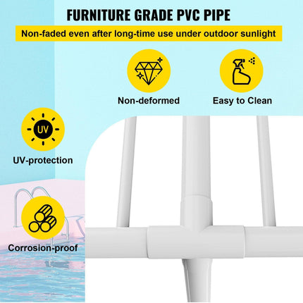 Pool Towel Rack, 5 Bar, White, Freestanding Outdoor PVC T-Shape Poolside Storage Organizer, Include 8 Towel Clips, Mesh Bag, Hook, Also Stores Floats and Paddles, for Beach, Swimming Pool, Home.