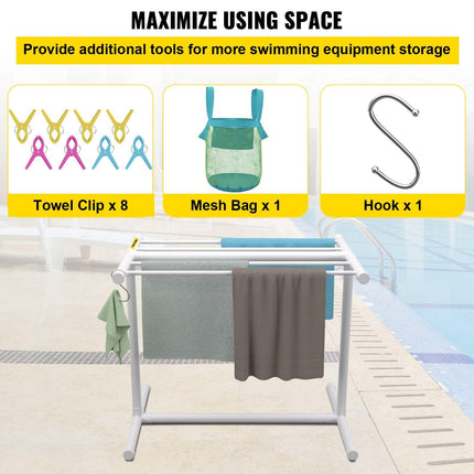 Pool Towel Rack, 5 Bar, White, Freestanding Outdoor PVC T-Shape Poolside Storage Organizer, Include 8 Towel Clips, Mesh Bag, Hook, Also Stores Floats and Paddles, for Beach, Swimming Pool, Home.