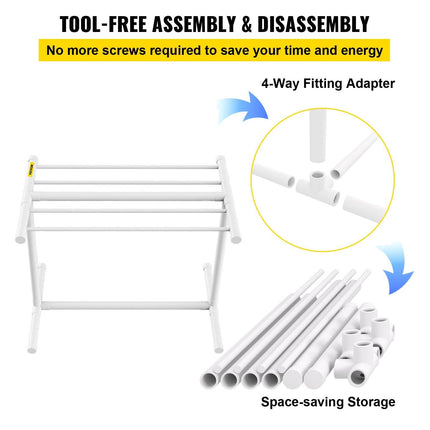 Pool Towel Rack, 5 Bar, White, Freestanding Outdoor PVC T-Shape Poolside Storage Organizer, Include 8 Towel Clips, Mesh Bag, Hook, Also Stores Floats and Paddles, for Beach, Swimming Pool, Home.