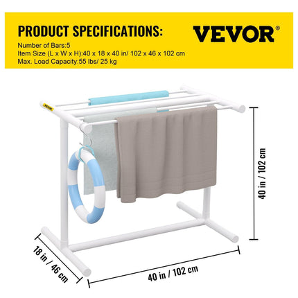 Pool Towel Rack, 5 Bar, White, Freestanding Outdoor PVC T-Shape Poolside Storage Organizer, Include 8 Towel Clips, Mesh Bag, Hook, Also Stores Floats and Paddles, for Beach, Swimming Pool, Home.