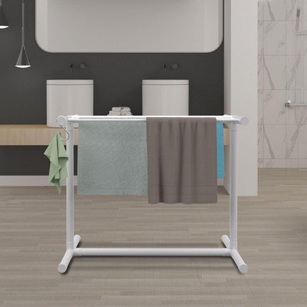 Pool Towel Rack, 5 Bar, White, Freestanding Outdoor PVC T-Shape Poolside Storage Organizer, Include 8 Towel Clips, Mesh Bag, Hook, Also Stores Floats and Paddles, for Beach, Swimming Pool, Home.