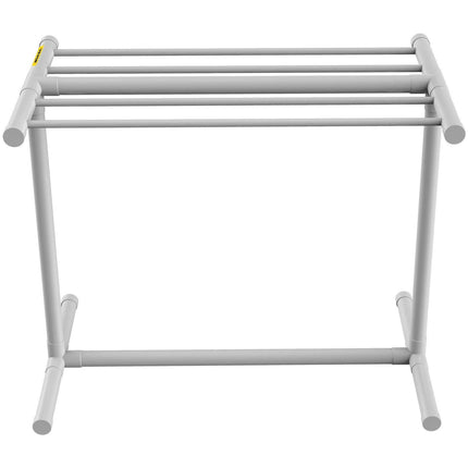 Pool Towel Rack, 5 Bar, White, Freestanding Outdoor PVC T-Shape Poolside Storage Organizer, Include 8 Towel Clips, Mesh Bag, Hook, Also Stores Floats and Paddles, for Beach, Swimming Pool, Home.