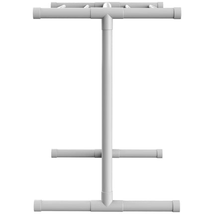 Pool Towel Rack, 5 Bar, White, Freestanding Outdoor PVC T-Shape Poolside Storage Organizer, Include 8 Towel Clips, Mesh Bag, Hook, Also Stores Floats and Paddles, for Beach, Swimming Pool, Home.