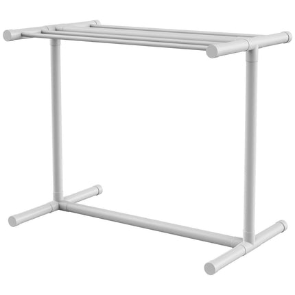 Pool Towel Rack, 5 Bar, White, Freestanding Outdoor PVC T-Shape Poolside Storage Organizer, Include 8 Towel Clips, Mesh Bag, Hook, Also Stores Floats and Paddles, for Beach, Swimming Pool, Home.