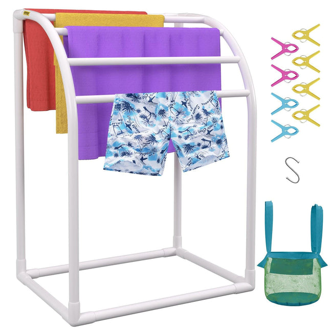 Pool Towel Rack, 5 Bar, Milky, Freestanding Outdoor PVC Curved Poolside Storage Organizer, Include 8 Towel Clips, Mesh Bag, Hook, Also Stores Floats and Paddles, for Beach, Swimming Pool, Home.