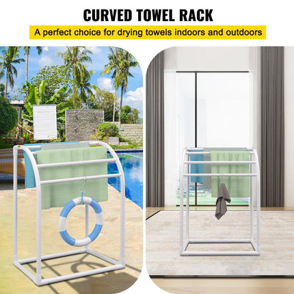 Pool Towel Rack, 5 Bar, Milky, Freestanding Outdoor PVC Curved Poolside Storage Organizer, Include 8 Towel Clips, Mesh Bag, Hook, Also Stores Floats and Paddles, for Beach, Swimming Pool, Home.