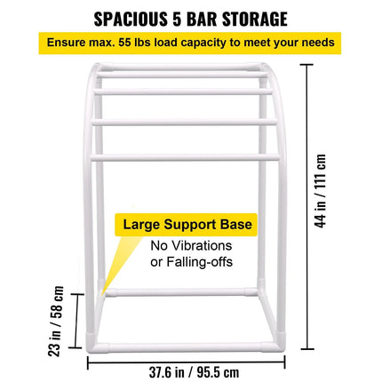 Pool Towel Rack, 5 Bar, Milky, Freestanding Outdoor PVC Curved Poolside Storage Organizer, Include 8 Towel Clips, Mesh Bag, Hook, Also Stores Floats and Paddles, for Beach, Swimming Pool, Home.