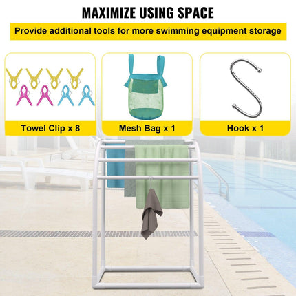 Pool Towel Rack, 5 Bar, Milky, Freestanding Outdoor PVC Curved Poolside Storage Organizer, Include 8 Towel Clips, Mesh Bag, Hook, Also Stores Floats and Paddles, for Beach, Swimming Pool, Home.