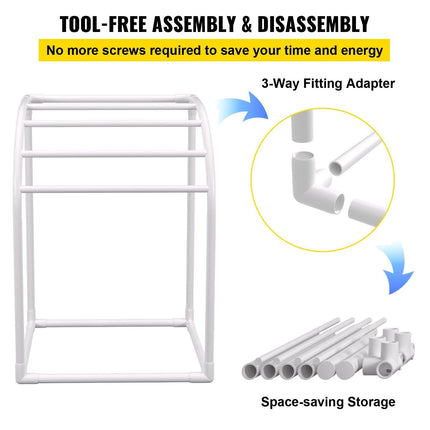 Pool Towel Rack, 5 Bar, Milky, Freestanding Outdoor PVC Curved Poolside Storage Organizer, Include 8 Towel Clips, Mesh Bag, Hook, Also Stores Floats and Paddles, for Beach, Swimming Pool, Home.